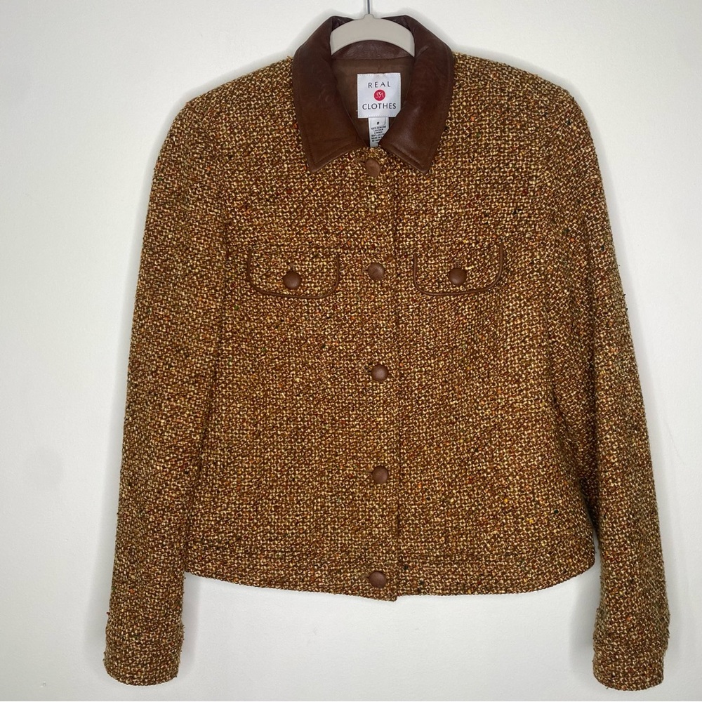 Vintage Saks Fifth Avenue Tweed Leather Trim Blazer Jacket Sz 8 Brown